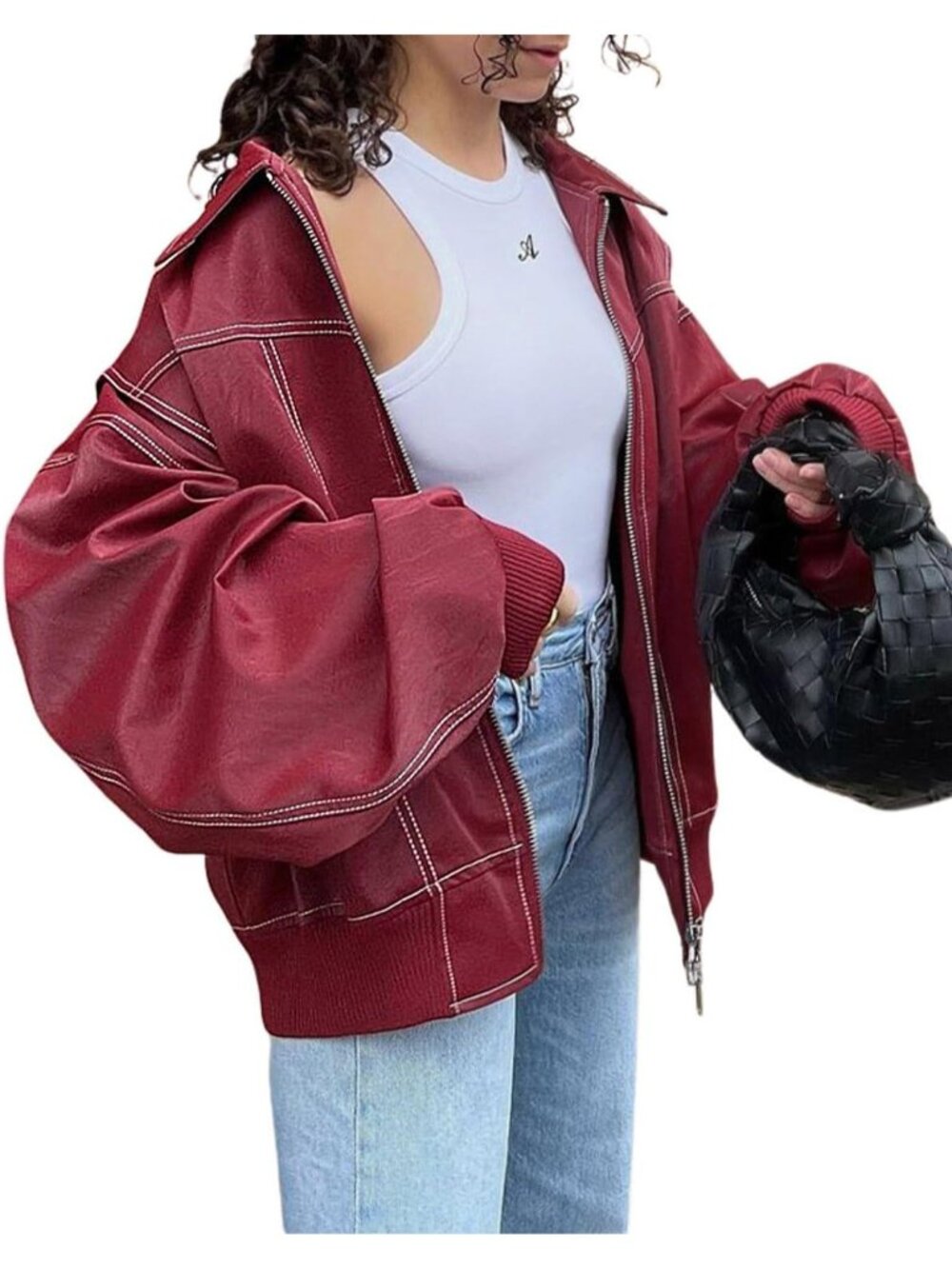 Women's Red Faux Leather Motorcycle Jacket Oversized Zip Up Loose Winter Coat